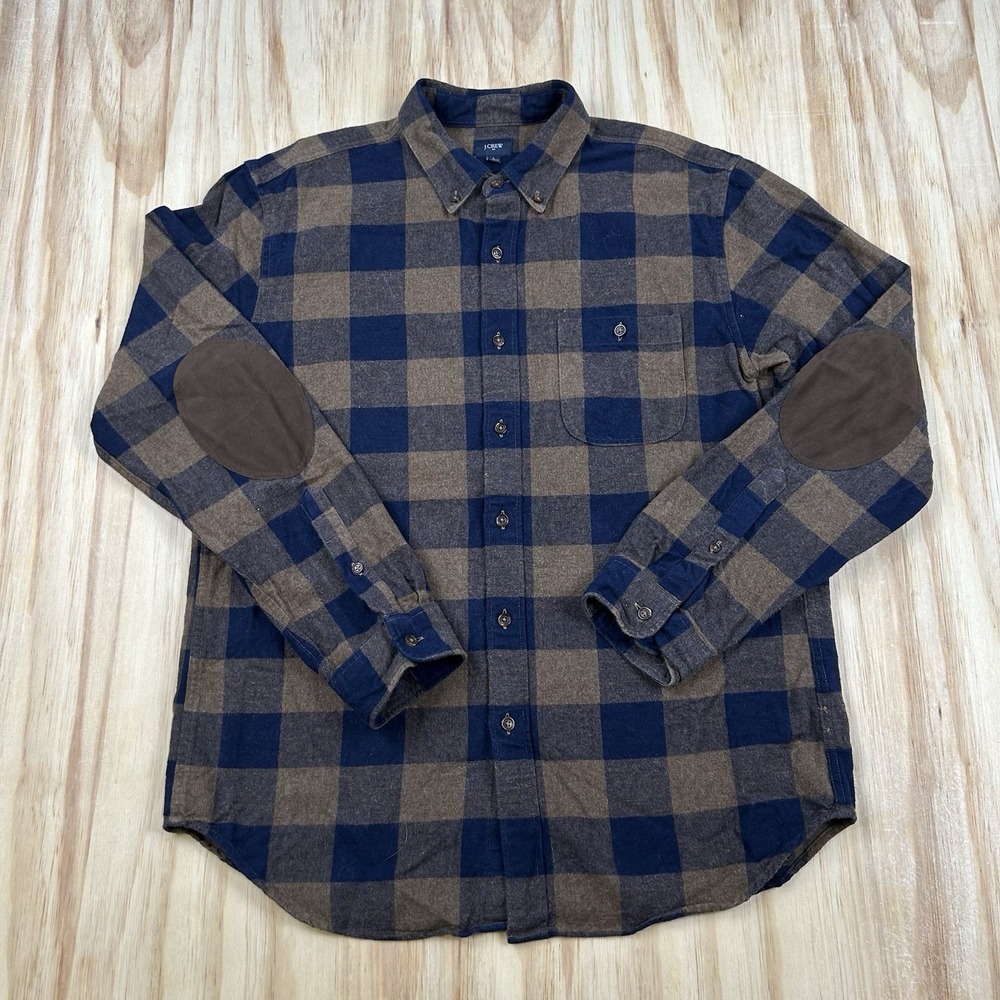 J.Crew Men's Large Blue Brown Plaid Flannel Shirt Elbow Patches Heritage Preppy